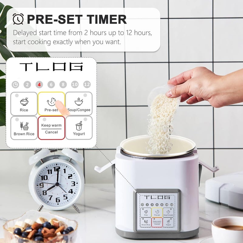 TLOG Mini Rice Cooker 2.5 Cups Uncooked, Healthy Ceramic Coating Portable Cooker, 1.2L Travel Small for 1-3 People, Personal maker, Food Steamer, 12 Hours delay timer, Multi-cooker Grains, Oats - Image 2